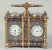 A GOOD SMALL BRASS AND CLOISONNE ENAMEL CLOCK AND BAROMETER COMBINED with columns and supports and
