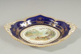 A ROYAL CROWN DERBY FINE PIERCED DISH painted with Roslyn Castle, Scotland by CUTHBERT GRESLEY.