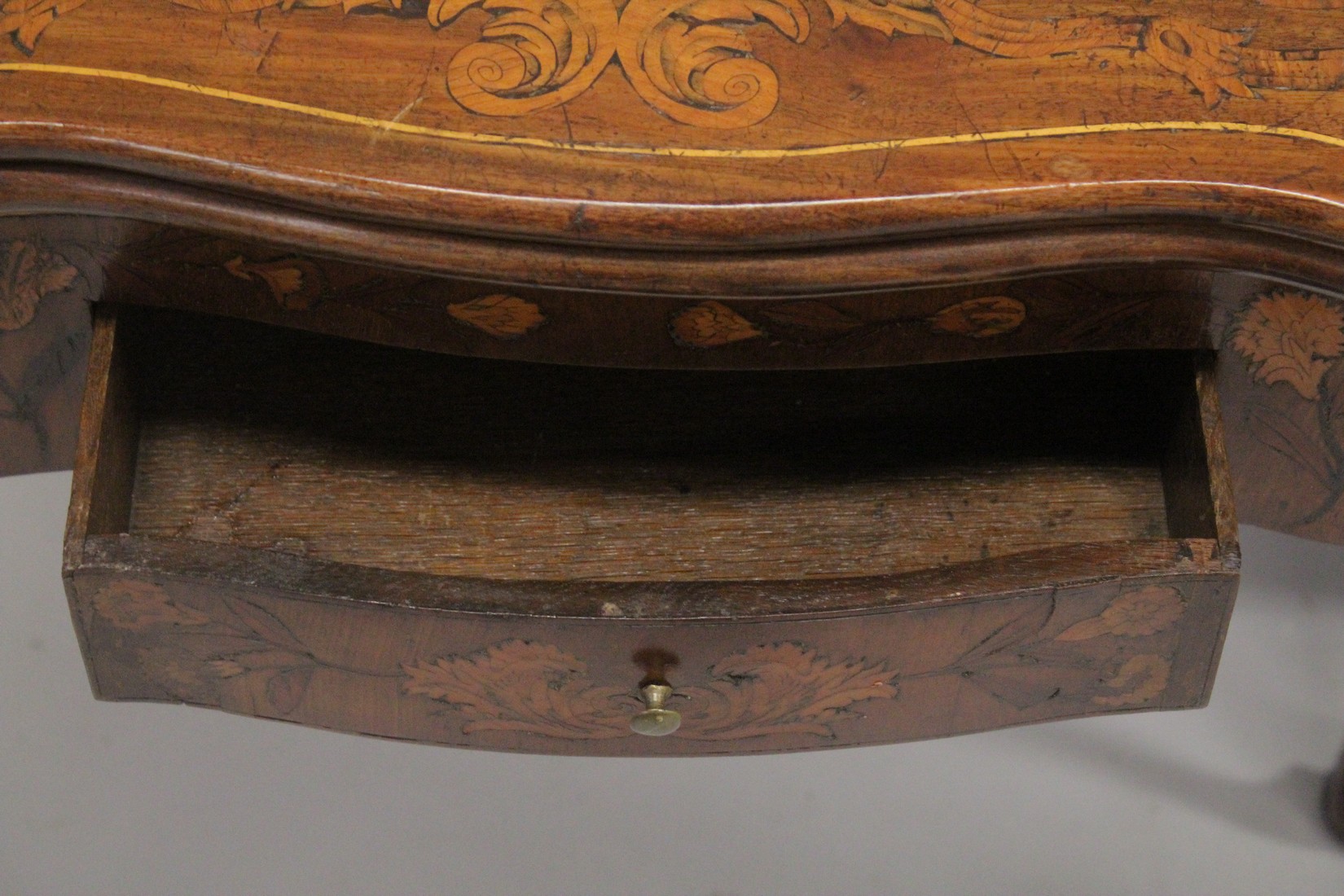 A NEAR PAIR OF 18TH CENTURY DUTCH MARQUETRY FOLDING TOP CARD TABLES inlaid with flowers, birds and - Image 7 of 11