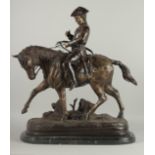 A LARGE BRONZE AFTER P. J. MENE. HUNTSMAN ON A HORSE with marble base. 24ins high overall.