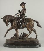 A LARGE BRONZE AFTER P. J. MENE. HUNTSMAN ON A HORSE with marble base. 24ins high overall.