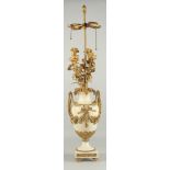 A GOOD LOUIS XVITH STYLE WHITE MARBLE AND ORMLU LAMP with four floral branches. 33ins high.
