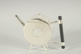 A CHRISTOPHER DRESSER DESIGN, SILVER PLATED CIRCULAR WITH HOLE, TEA POT.