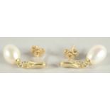 A PAIR OF 9 CARAT GOLD, PEARL AND DIAMOND DROP EARRINGS.