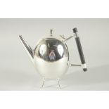 A CHRISTOPHER DRESSER DESIGN, SILVER PLATED EGG SHAPED TEA POT.