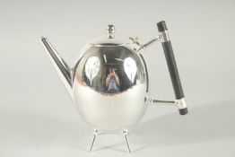 A CHRISTOPHER DRESSER DESIGN, SILVER PLATED EGG SHAPED TEA POT.