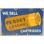 A RECTANGULAR ENAMEL SIGN 'PURDY LONDON, CARTRIDGES' 8in s x 12ins.