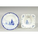 A ROYAL CROWN DERBY SQUARE SHAPED BOWL painted with sailing vessels by W.E.J.DEAN. Signed and a