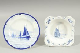 A ROYAL CROWN DERBY SQUARE SHAPED BOWL painted with sailing vessels by W.E.J.DEAN. Signed and a