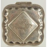 A DUTCH SQUARE ENGRAVED SILVER PILL BOX. 2ins.