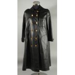 A SUPERB CHANEL BLACK LEATHER LADIES COAT with Chanel double C gilt buttons, silk lining, Chanel