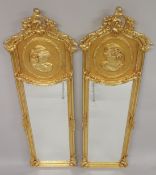 A PAIR OF LOUIS XVTH DESIGN UPRIGHT MIRRORS 5ft 10ins high, 1ft 6ins wide.