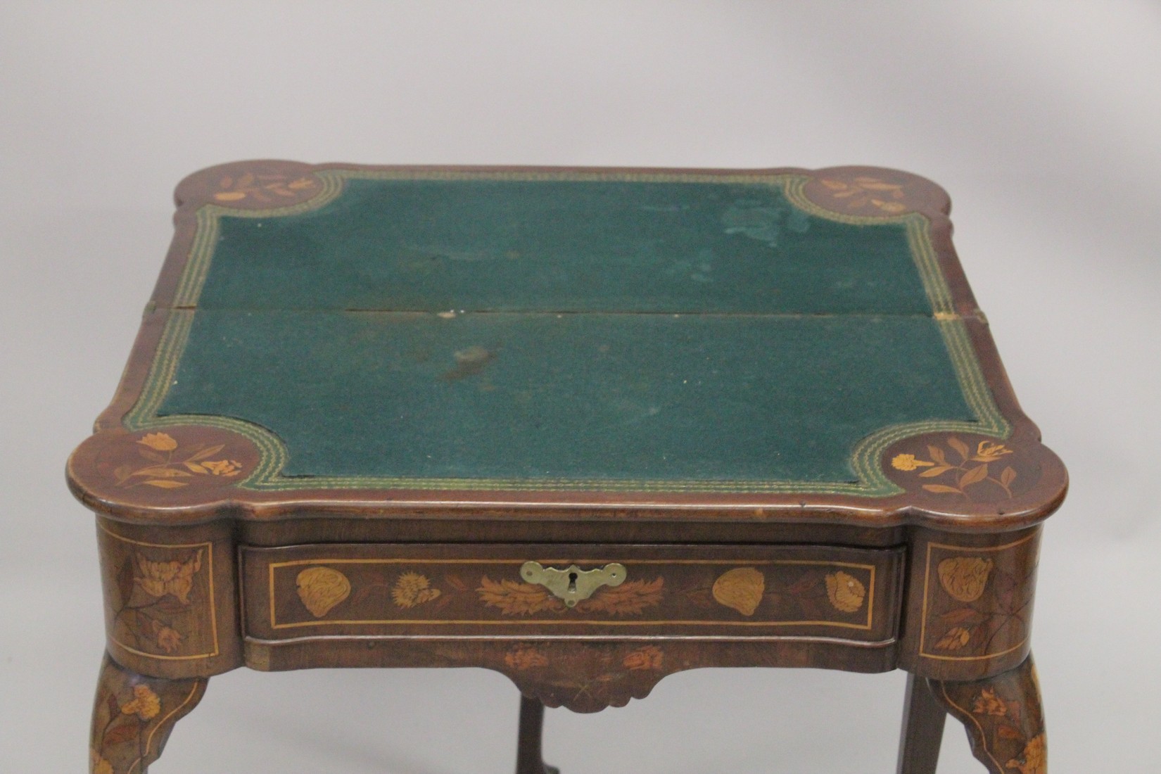 A NEAR PAIR OF 18TH CENTURY DUTCH MARQUETRY FOLDING TOP CARD TABLES inlaid with flowers, birds and - Image 9 of 11