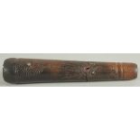 A RARE TAPERING PIPE, POSSIBLY MAORI, carved with faces, opal and sapphires. 5.75ins high.