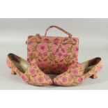 A RAYNE FLORAL FABRIC HAND BAG AND MATCHING SHOES. Size 36.