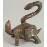 A CHINESE TORTOISE AND SNAKE BRONZE FIGURE with traces of gilt and red paint.