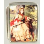 A SILVER PILL BOX enamel lid with a lady. 1.25ins.