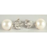 A PAIR OF 18 CARAT WHITE GOLD, PEARL AND DIAMOND EARRINGS.