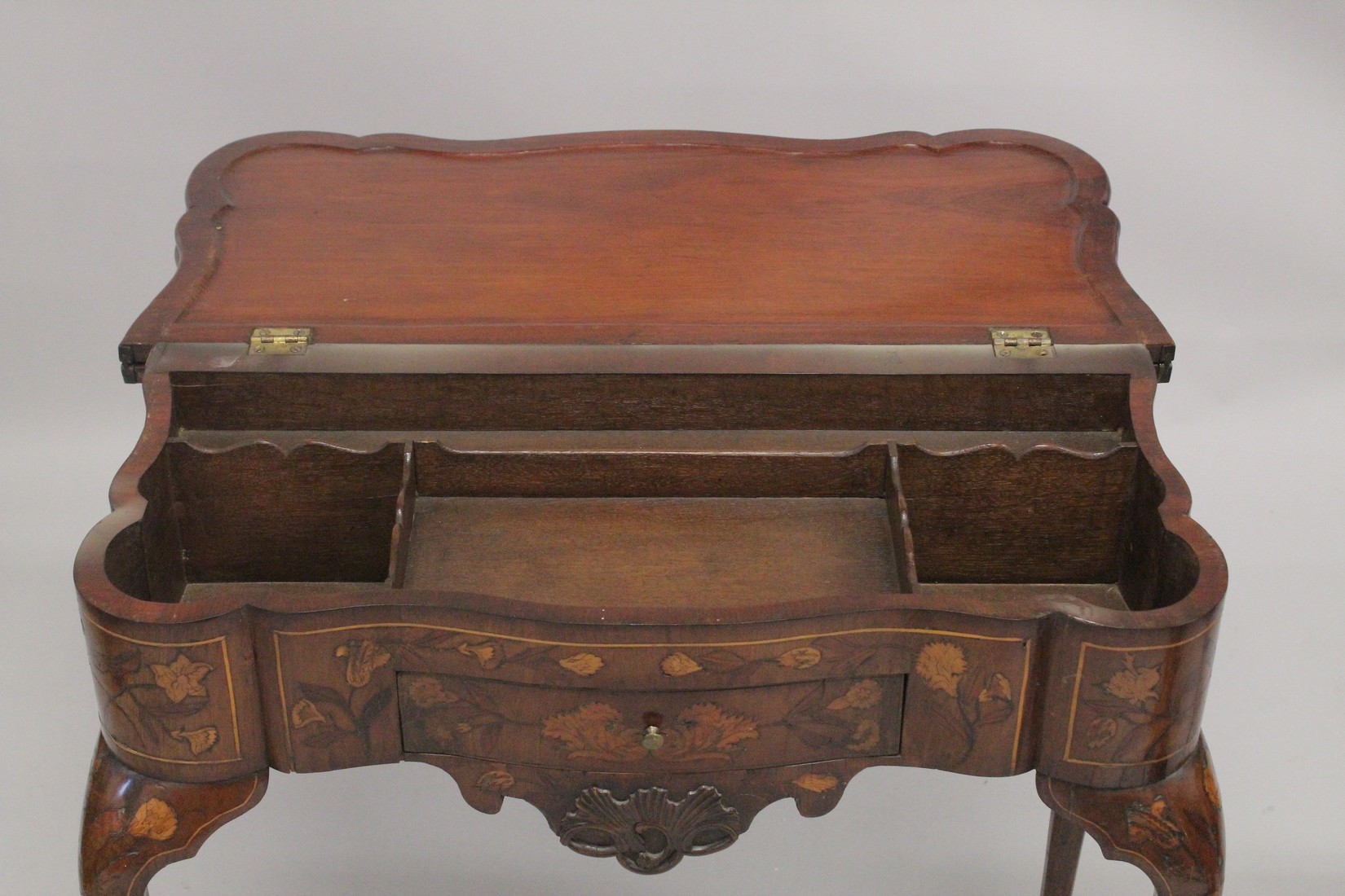 A NEAR PAIR OF 18TH CENTURY DUTCH MARQUETRY FOLDING TOP CARD TABLES inlaid with flowers, birds and - Image 6 of 11