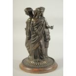 A BRONZE LAMP BASE, THE THREE GRACES on a circular base. 10ins high.