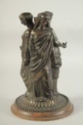 A BRONZE LAMP BASE, THE THREE GRACES on a circular base. 10ins high.