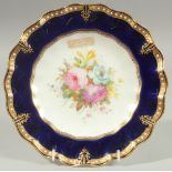 A ROYAL CROWN DERBY PLATE having an undulating border, jewelled on a cobalt blue border, painted
