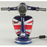 A DARK BLUE VESPA LAMP.