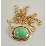 A GOOD 18CT GOLD JADE AND MULTI STONE NECKLACE.