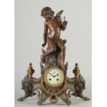A 19TH CENTURY FRENCH SPELTER FIGURAL MANTLE CLOCK with eight day movement, floral painted porcelain