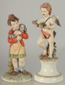 TWO CAPODIMONTE PORCELAIN FIGURES a cupid and A YOUNG MAN with a dog. 8ins and 7ins high (2).