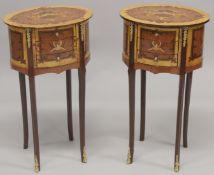 A PAIR OF LOUIS XVTH DESIGN OVAL BEDSIDE TABLES with three drawers. 2ft 4ins high.