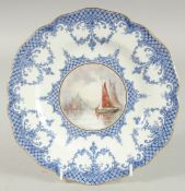 A ROYAL CROWN DERBY PLATE the centre painted in colour with sailing vessels by W.E.J. DEAN.