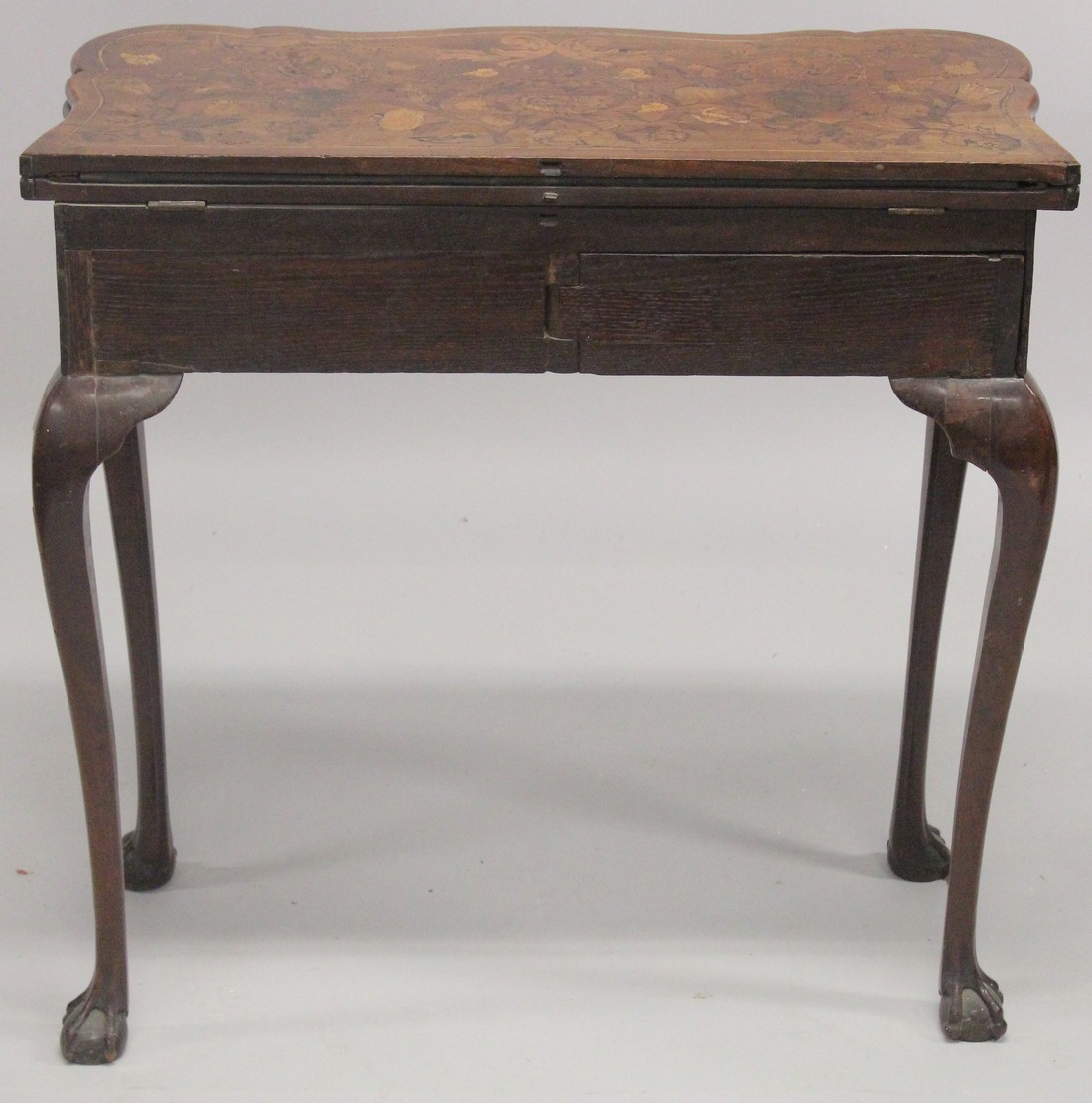 A NEAR PAIR OF 18TH CENTURY DUTCH MARQUETRY FOLDING TOP CARD TABLES inlaid with flowers, birds and - Image 8 of 11