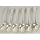 A SET OF SIX GEORGE IV SILVER FIDDLE PATTERN DESSERT SPOONS. London 1827. Maker: R.C.. Weight: