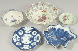 A WORCESTER BASKET with coloured flowers, A BOW LEAF SHAPED DISH, A DERBY SHELL DISH, A HAFFERS