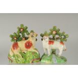 TWO STAFFORDSHIRE BOCAGE GROUPS OF A SHEEP with Bocage backs. 5.5ins & 4.5ins high.