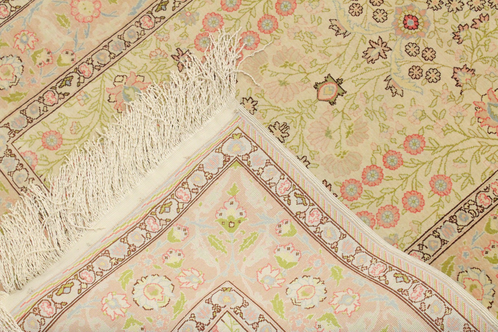 A GOOD SMALL PERSIAN SILK RUG, CREAM GROUND with stylised floral decoration, within a similar - Image 2 of 2
