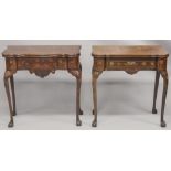 A NEAR PAIR OF 18TH CENTURY DUTCH MARQUETRY FOLDING TOP CARD TABLES inlaid with flowers, birds and