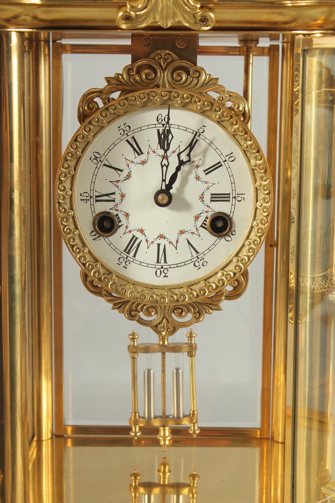 A GOOD GILT BRONZE FOUR GLASS CLOCK with pineapple finials on claw feet. 24ins high. - Image 2 of 5