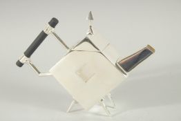 A CHRISTOPHER DRESSER DESIGN, SILVER PLATED SQUARE WITH HOLE, TEA POT.