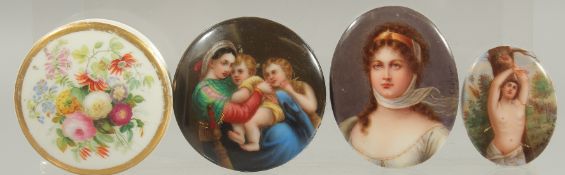 THREE CONTINENTAL SMALL PLAQUES: A lady, a mother and two children and a boy tied to a tree,