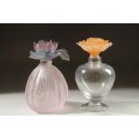 TWO DAUM GLASS SCENT BOTTLES with coloured flower stopper, (one a/f).