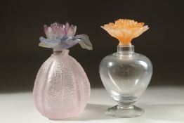 TWO DAUM GLASS SCENT BOTTLES with coloured flower stopper, (one a/f).