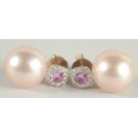 A PAIR OF 18 CT WHITE GOLD, PINK SAPPHIRE, DIAMOND AND 12mm PINK PEARL EAR STUDS.