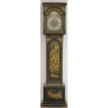 A GOOD EARLY 18TH CENTURY GREEN LACQUER LONGCASE CLOCK by JOHN ROWE with 8 day numerals, side