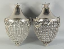 A GOOD PAIR OF ACORN SHAPED CRYSTAL HANGING LIGHTS. 1ft 8ins long.