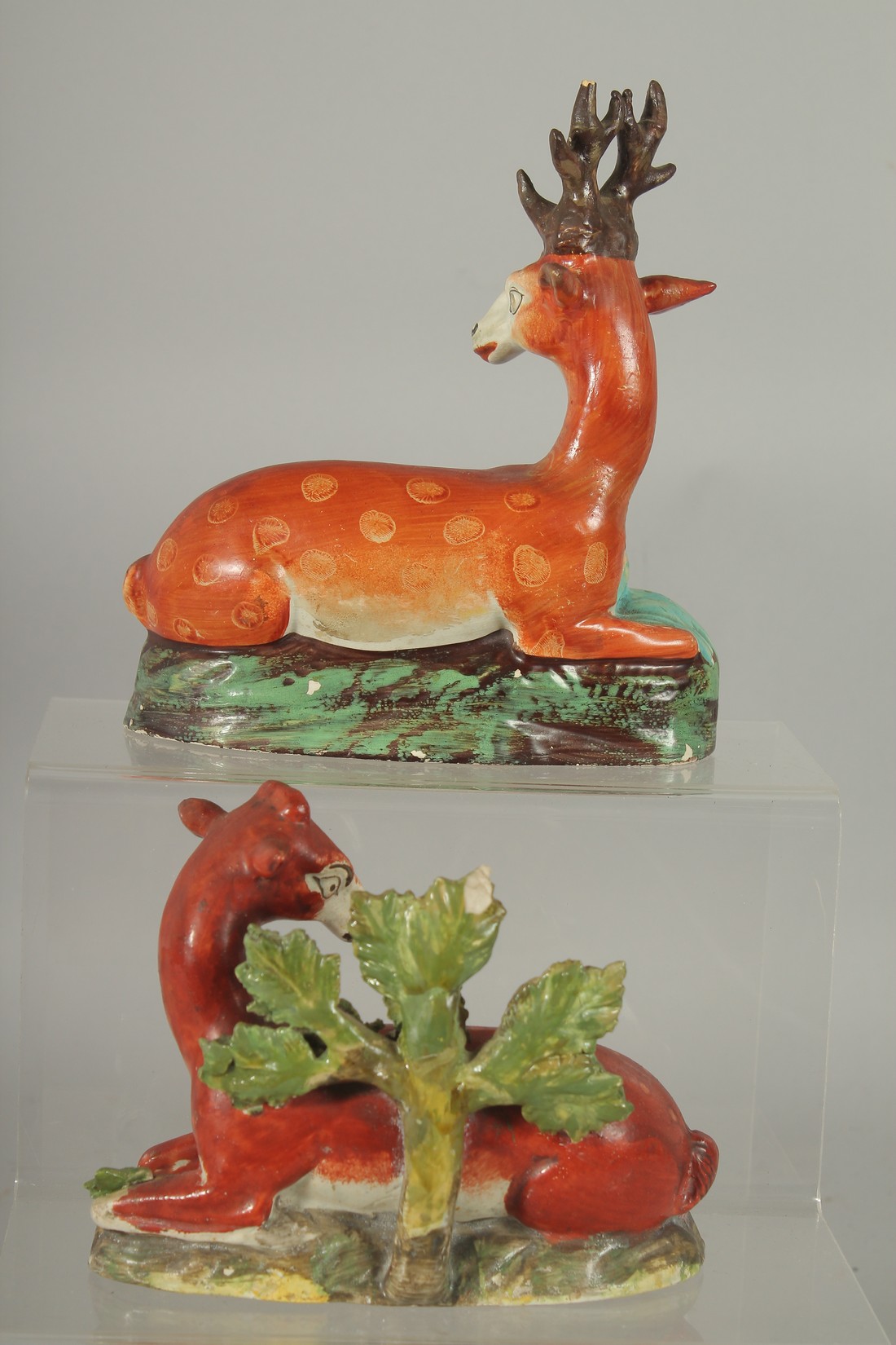 TWO LARGE STAFFORDSHIRE SEATED DEER with spots on rustic bases 7ins & 4.5ins. - Image 4 of 4