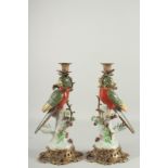 A GOOD PAIR OF CONTINENTAL RED PARROT AND FRUIT CANDLESTICKS on ormolu mounts. 14ns high.