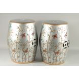 A PAIR OF CHINESE DESIGN SILVERED BUTTERFLY BARREL SEATS. 18ins high.