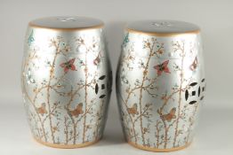 A PAIR OF CHINESE DESIGN SILVERED BUTTERFLY BARREL SEATS. 18ins high.